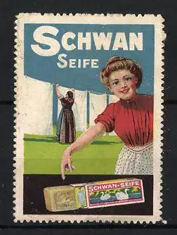 Reklamemarke Schwan Seife, Frau mit Seife und Wäscheleine