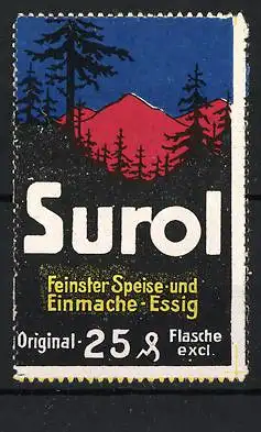 Reklamemarke Surol Feinstes Speise- und Einmache-Essig, Rote Berglandschaft