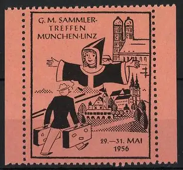 Reklamemarke München-Linz, G.M. Sammlertreffen, 1956, Münchner Kindl und Stadtansicht