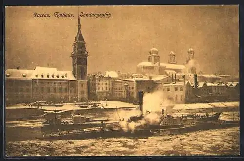 AK Passau, Rathaus und Landungsplatz im Winter