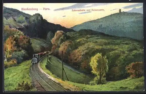 Künstler-AK Blankenburg / Harz, Zahnradbahn und Kaiserwarte