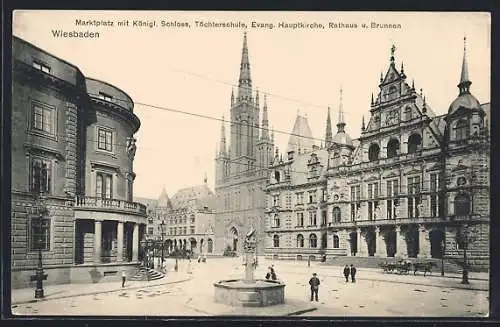 AK Wiesbaden, Marktplatz mit Königlichem Schloss, Töchterschule und Evangelischer Hauptkirche