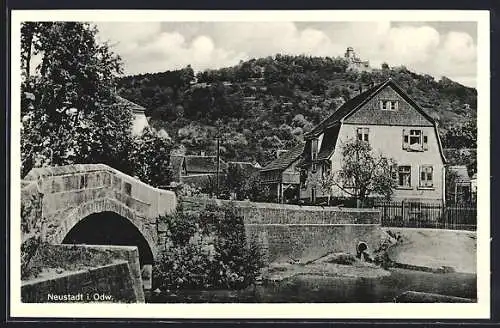 AK Neustadt i. Odw., Gebäudepartie und Brücke