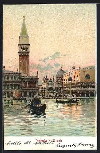 Lithographie Venezia, Il molo, Gondel mit Gondoliere