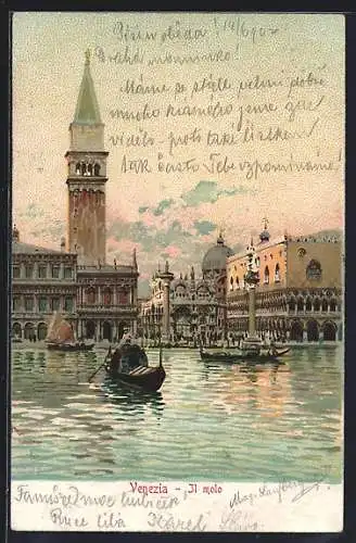 Lithographie Venezia, Il molo, Gondel mit Gondoliere