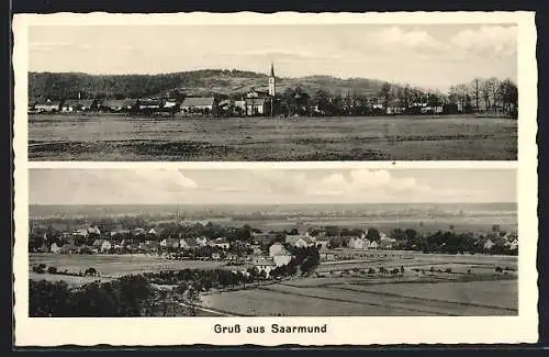 AK Saarmund, Ortspanorama mit Kirche, Gesamtansicht mit Umgebung aus der Vogelschau