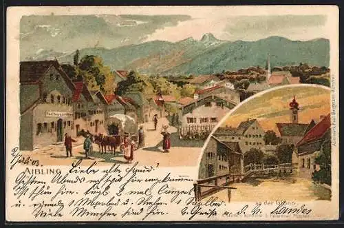 Lithographie Aibling, Glonnpartie, Ortsansicht mit Strasse, Gasthaus und Bergpanorama