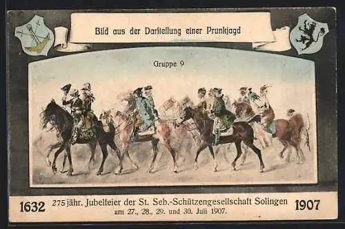 Künstler-AK Solingen, St. Seb.-Schützengesellschaft, Jubiläum 1907, Prunkjagd Gruppe 9, Wappen