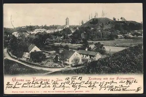 AK Kraiburg a. Inn, Gesamtansicht mit Schiesshütte, Kirche u. Berg aus der Vogelschau