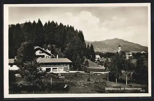 AK Oberammergau, Gaststätte Schützenhaus mit Ortsansicht aus der Vogelschau