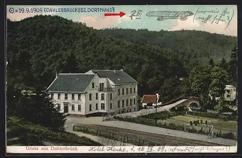 AK Dahlerbrück /Dortmund, Hotel Henke mit Brücke u. Bahngleisen aus der Vogelschau