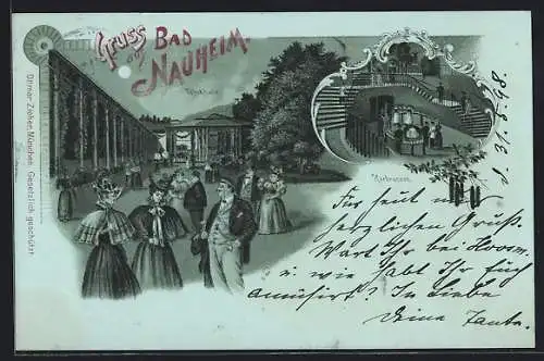 Mondschein-Lithographie Bad Nauheim, Trinkhalle mit Kurgästen, Kurbrunnen