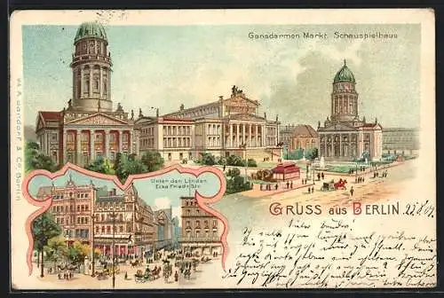 Lithographie Berlin, Gendarmenmarkt, Schauspielhaus, Unter den Linden Ecke Friedrichstrasse