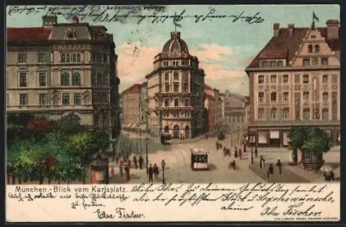 Lithographie München, Blick vom Karlsplatz, Strassenbahn