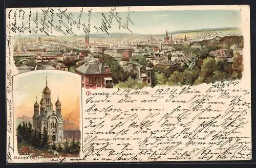 Lithographie Wiesbaden, Gesamtansicht und Griechische Kapelle