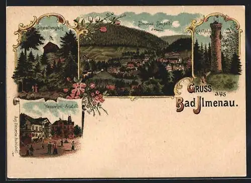 Lithographie Bad Ilmenau, Schwalbenstein, Wasserheilanstalt und Kickelhahn