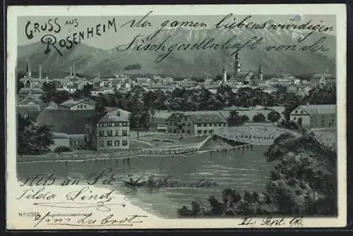 Mondschein-Lithographie Rosenheim / Bayern, Panorama mit Bergen und Fluss