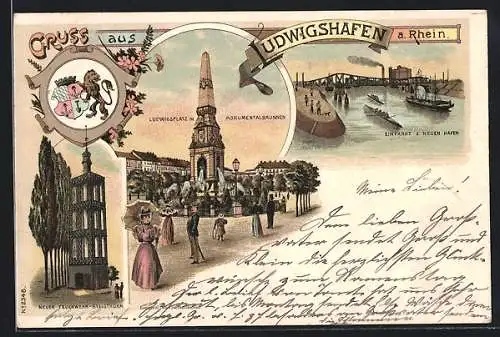 Lithographie Ludwigshafen a. Rhein, Ludwigsplatz mit Monumentalbrunnen und neuer Feuerwehr-Steigthurm