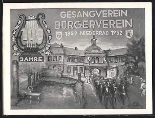 Künstler-AK Frankfurt-Niederrad, 100 Jahre Gesangsverein Bürgerverein 1852-1952, Parade im Ort