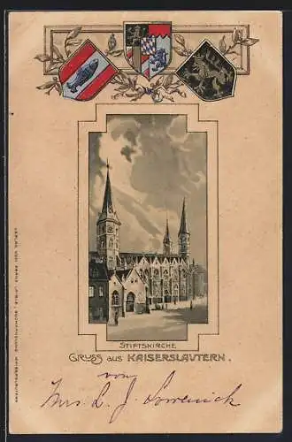 Passepartout-Lithographie Kaiserslautern, Stiftskirche und Rahmen mit Wappen