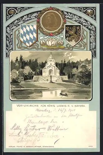 Passepartout-Lithographie Berg / Starnberger See, Votivkirche für König Ludwig II. v. Bayern mit Wappen