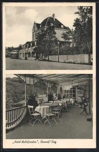 AK Hennef /Sieg, Hotel Waldfrieden, Aussenansicht und Terrasse