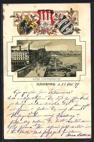 Passepartout-Lithographie Hamburg-Neustadt, Wappen vorm alten Jungfernstieg