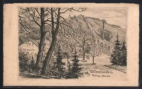 Künstler-AK Wiesbaden, Neroberg, Beausite mit Viadukt