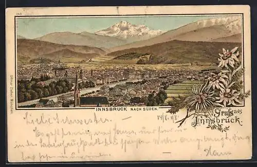 Lithographie Innsbruck, Blick über die Stadt um 1900