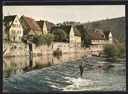 AK Besigheim a. Neckar, Uferpartie mit Angler