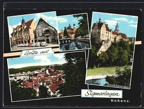 AK Sigmaringen /Hohenz., Blick auf das Schloss, Flusspartie, Rathaus mit parkenden Autos