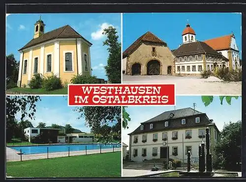 AK Westhausen / Württ., Kirchen, Freibad und Brunnen