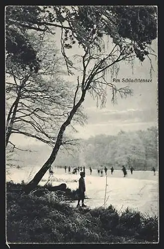 AK Berlin-Schlachtensee, Schlittschuhfahrer auf dem gefrorenen See