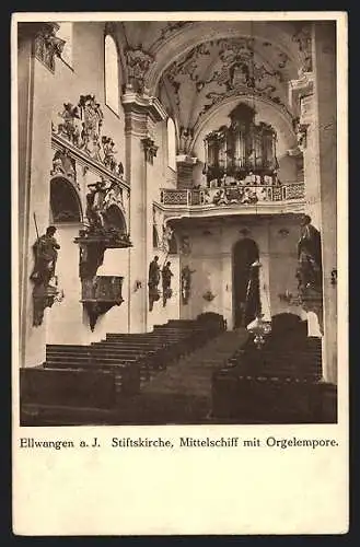 AK Ellwangen a. J., Stiftskirche, Mittelschiff mit Orgelempore