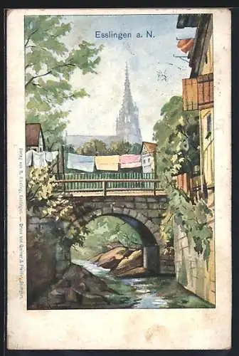 AK Esslingen a. N., Teilansicht mit Flussbrücke und Kirchturm