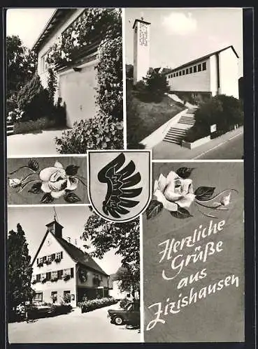 AK Zizishausen a. N., Gasthaus, Kirche und geschmücktes Garagentor