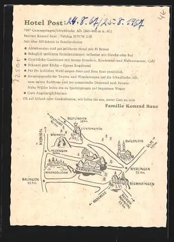 AK Gammertingen /Schwäbische Alb, Hotel Post von Konrad Baur, Aussenansicht und Essenssaal