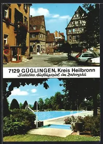 AK Güglingen, Ortsansicht mit historischen Fachwerkhaus, Schwimmbad