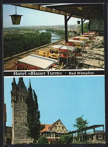 AK Bad Wimpfen, Hotel Blauer Turm mit Ausblick zum Fluss