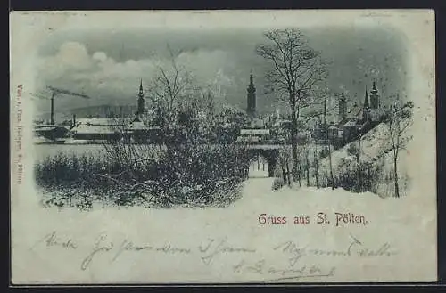 Mondschein-AK St. Pölten, Teilansicht im Schnee