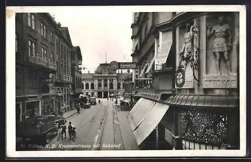 AK St. Pölten, Kremserstrasse mit Bahnhof und Apotheke