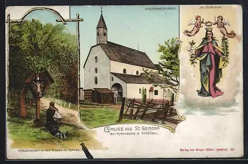 Lithographie St. Corona bei Kirchberg, Wallfahrtskirche und Waldandacht, Hl. Corona