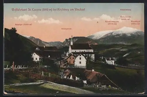 AK St. Corona bei Kirchberg, Ortsansicht mit Raxalpe, Mittagstein und Schneeberg