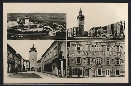 AK Retz, Hauptplatz mit Kirche, Strassenpartie mit Drogerie und Sparkasse, Ortsansicht aus der Vogelschau