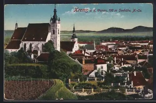 AK Krems a. d. Donau, Teilansicht mit Kirche aus der Vogelschau