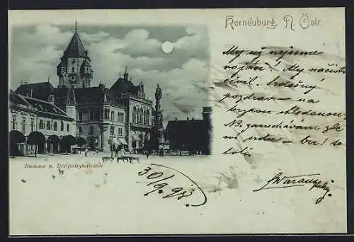 Mondschein-AK Korneuburg, Rathaus und Dreifaltigkeitssäule