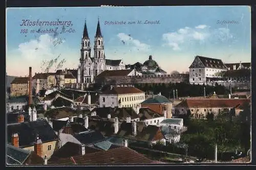 AK Klosterneuburg, Panorama mit Stiftskirche zum hl. Leopold und Stiftskeller