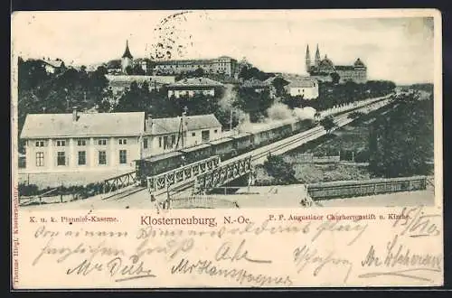 Lithographie Klosterneuburg, Ortsansicht vom Bahnhof aus