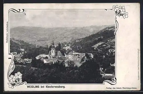 AK Weidling bei Klosterneuburg, Ortsansicht aus der Vogelschau, Blumenrahmen