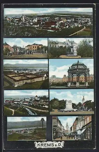 AK Krems an der Donau, Pavillon, Denkmal, Strassenansicht mit Passanten